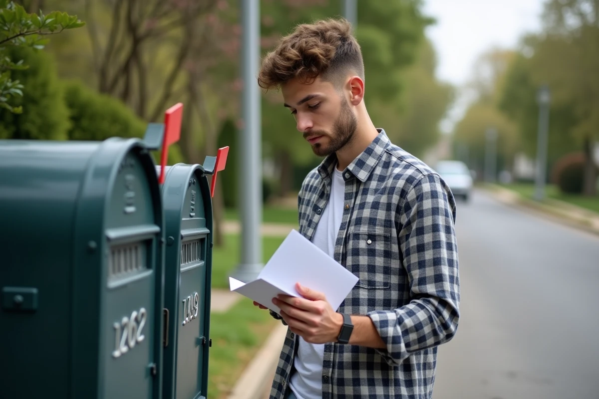 Jeune homme vérifiant le timbre avant de poster