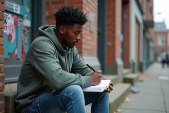 Jeune homme noir en hoodie écrivant des paroles dans la rue