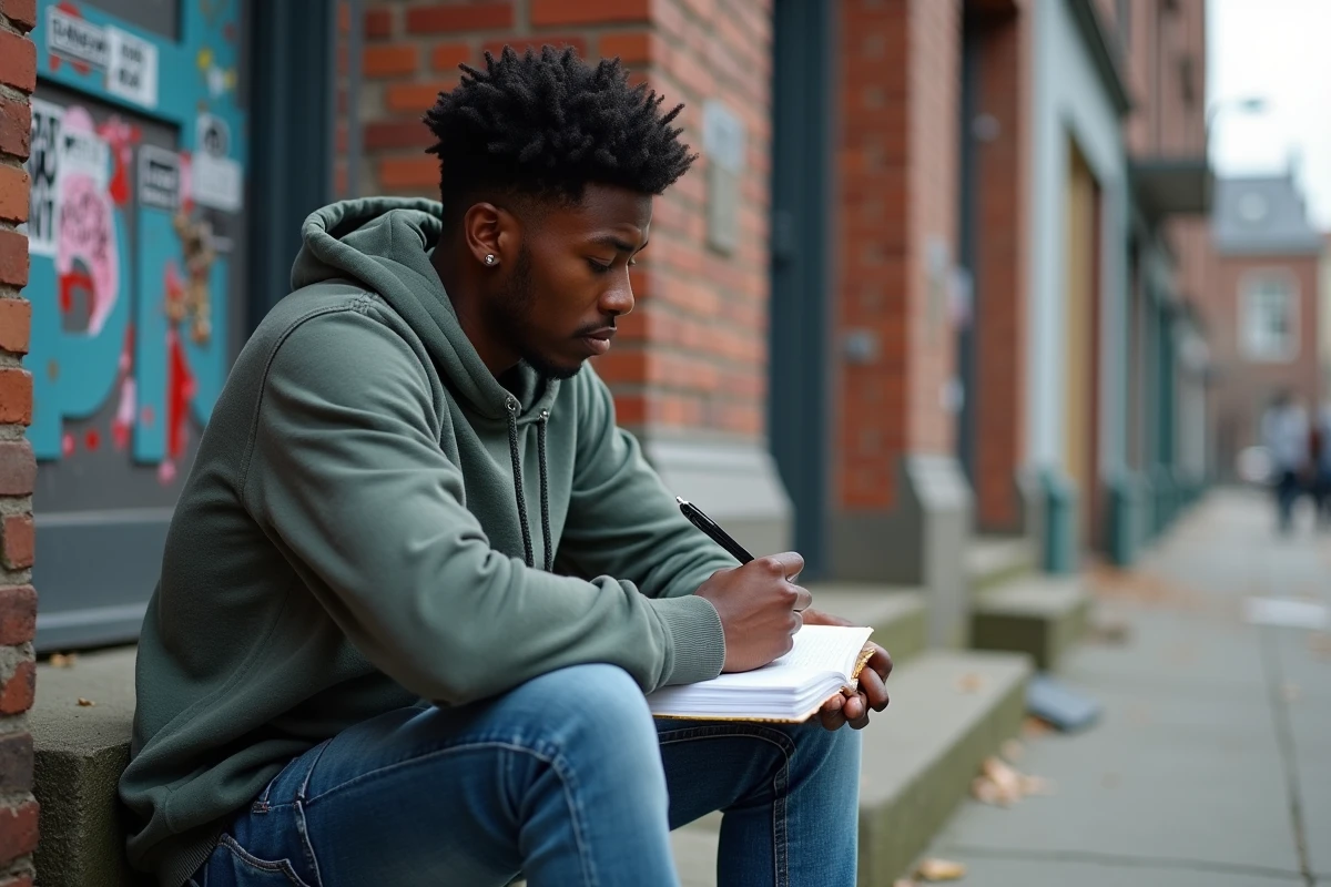 Jeune homme noir en hoodie écrivant des paroles dans la rue