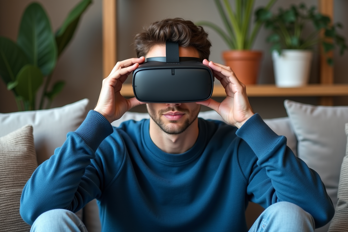 Jeune homme portant un casque de réalité virtuelle dans un salon