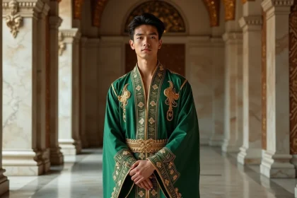 Jeune homme en robe cérémoniale dans un palais grandiose