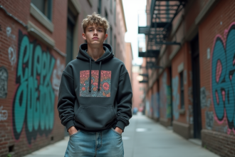 Jeune homme dans une rue urbaine avec hoodie graphique