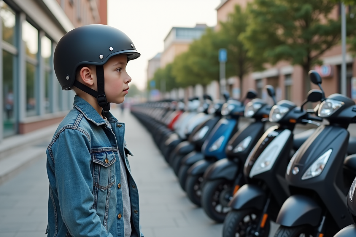 Jeune garçon en denim compare deux scooters 50cc en ville