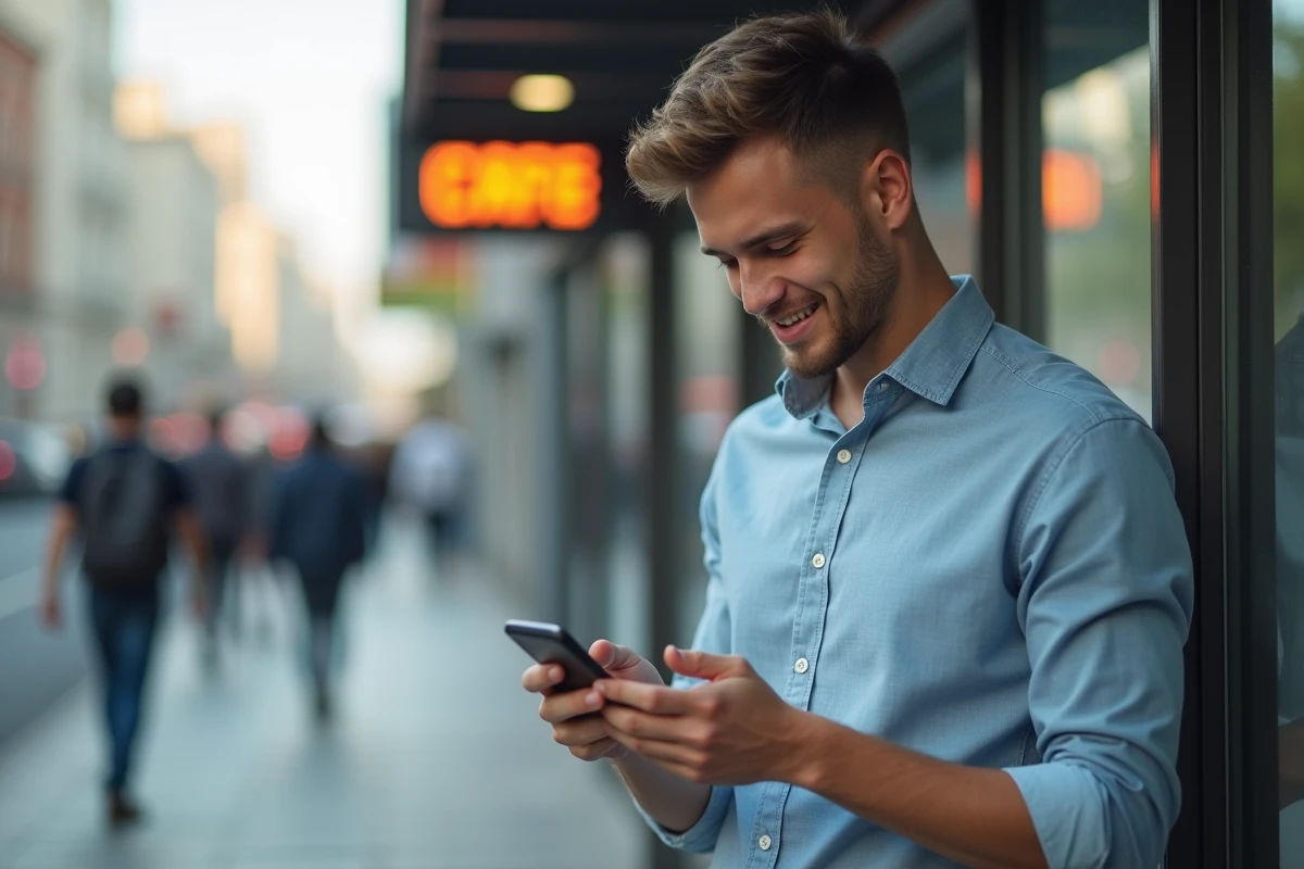 Jeune homme urbain regardant son téléphone dans la rue