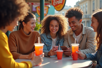 Jeunes divers assis au café avec smartphones et boissons