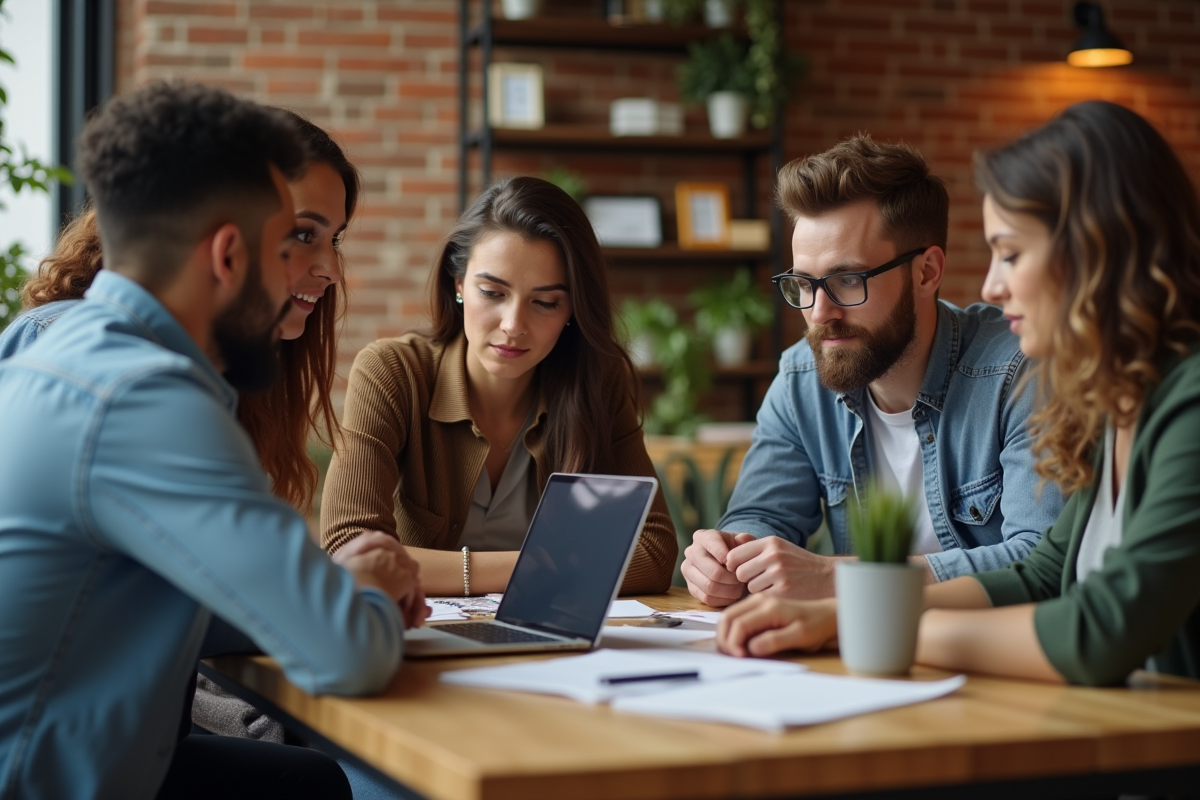 Groupe de jeunes professionnels collaborant dans un café chaleureux