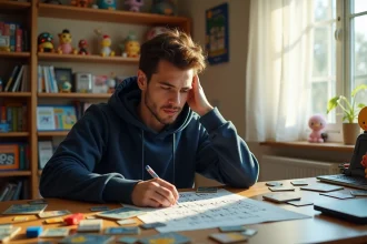 Joueur adulte étudiant un tableau des types Pokémon avec des cartes à collectionner sur un bureau en bois