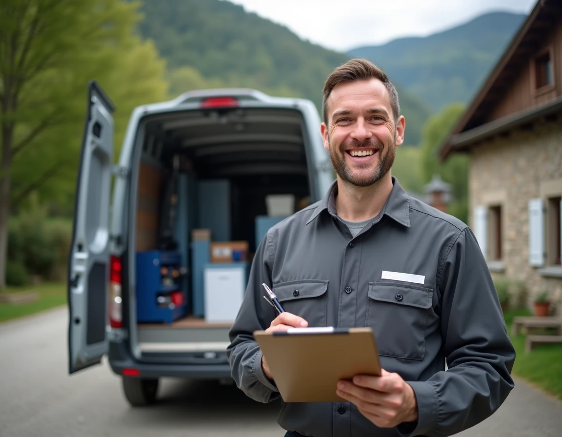 Professionnel en chauffage et plomberie devant son véhicule de service devant une maison jurassienne