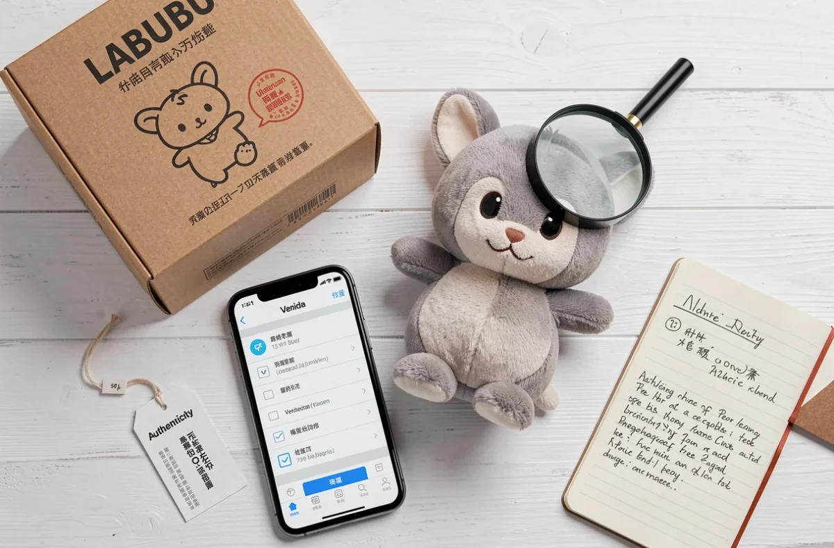 Vue à plat d'un Labubu avec sa boîte originale, étiquette d'authenticité et guide de vérification sur smartphone