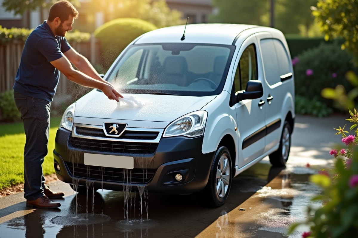 Personne lavant une Peugeot Partner Tepee en extérieur en journée ensoleillée