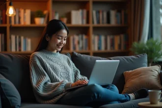 Jeune femme lisant des mangas en ligne sur son ordinateur portable dans un salon cosy entouré de volumes manga