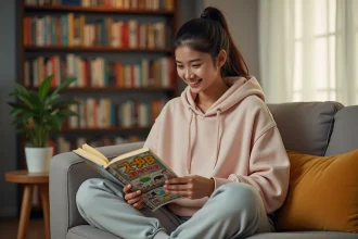 Jeune femme lisant un manga sur un canapé entourée de nombreux volumes de manga en bibliothèque
