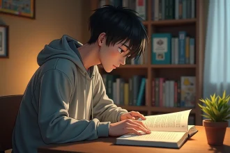 Jeune homme lisant un manga One Piece à son bureau entouré de volumes de manga