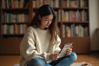Jeune femme lisant des mangas en version française sur tablette et en volumes physiques dans un appartement cosy