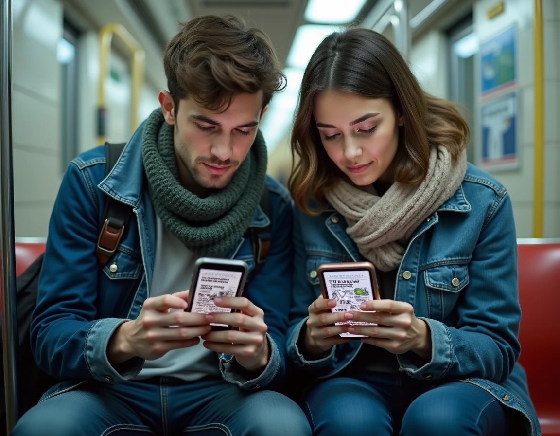 Deux jeunes adultes lisant des mangas et webtoons en français sur smartphone dans le métro