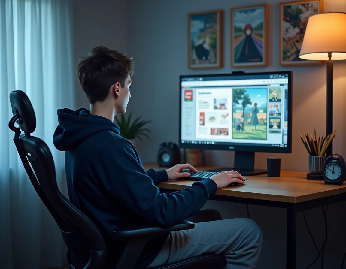 Homme lisant un webtoon en VF sur ordinateur dans un bureau moderne avec décoration manga