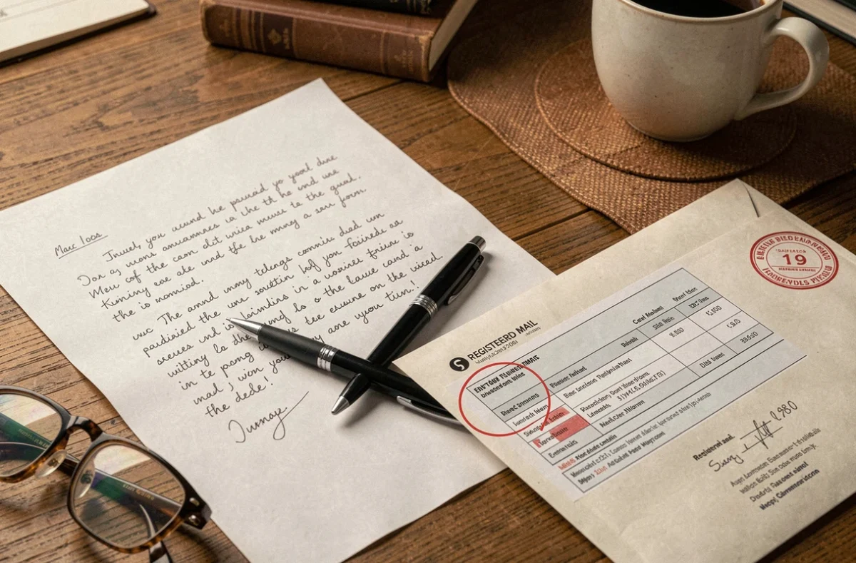 Gros plan sur une lettre recommandée manuscrite et une facture contestée posées sur un bureau en bois