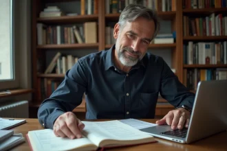 Éditeur linguiste assis à un bureau encombré de dictionnaires et de documents terminologiques, réfléchissant au remplacement d'un terme technique obsolète en 2026