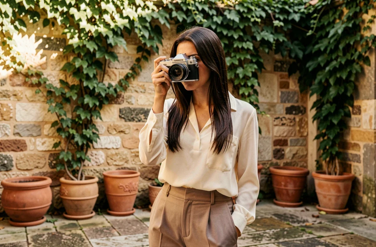 Photographe Maelys Izzo dans une cour en pierre ensoleillée à Toulouse tenant un appareil argentique avec un regard artistique concentré