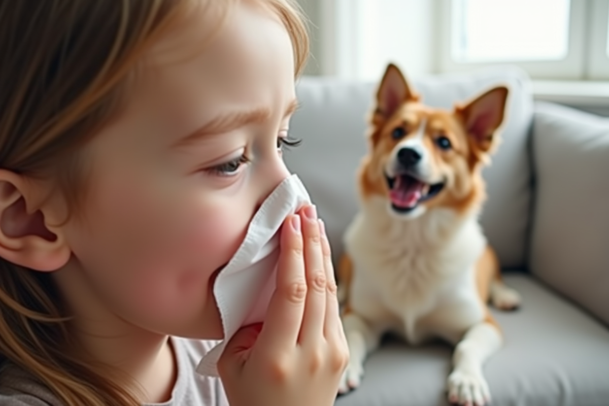 Main tenant un mouchoir près du nez avec un chien heureux en arrière-plan