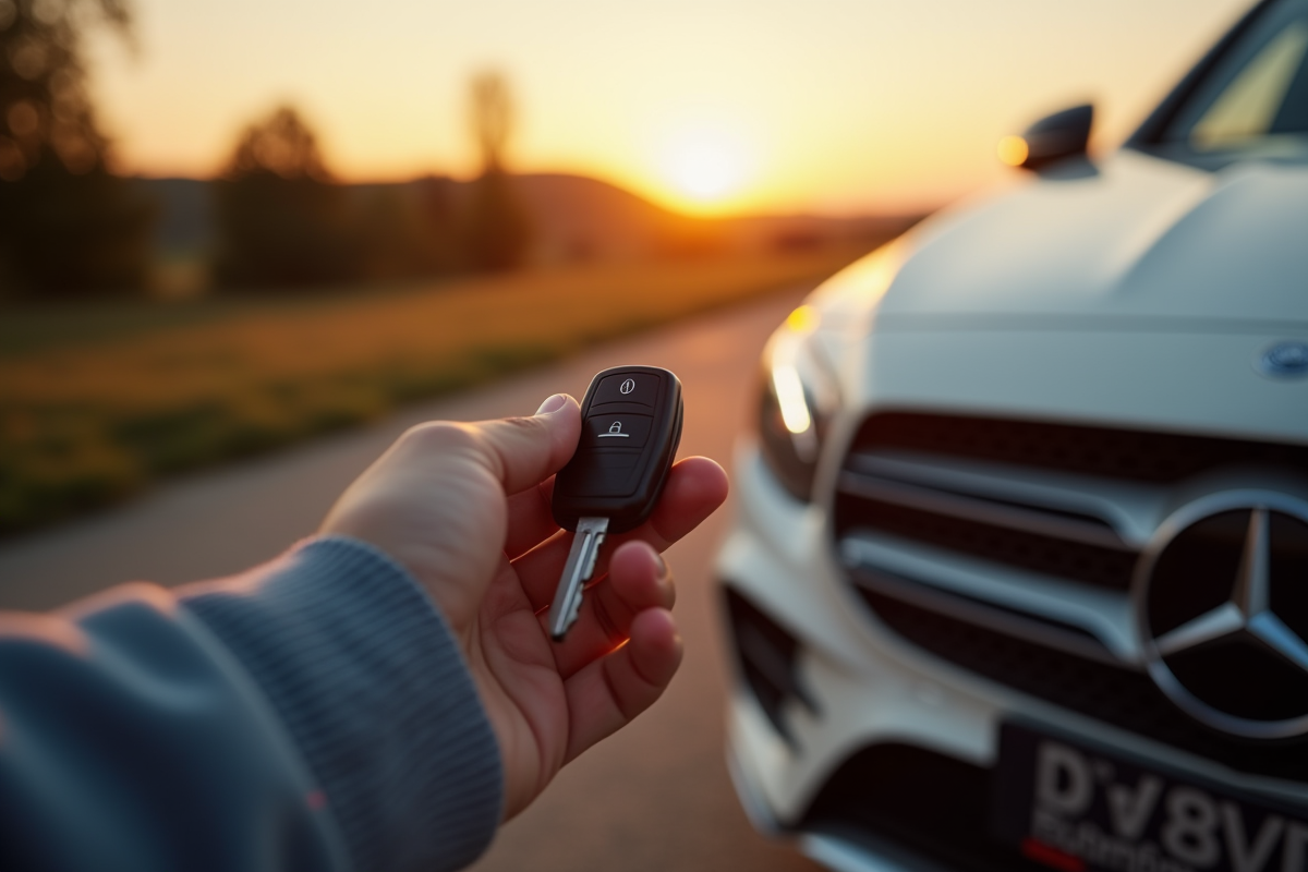 Main tenant des clés de MercedesBenz avec paysage luxembourgeois