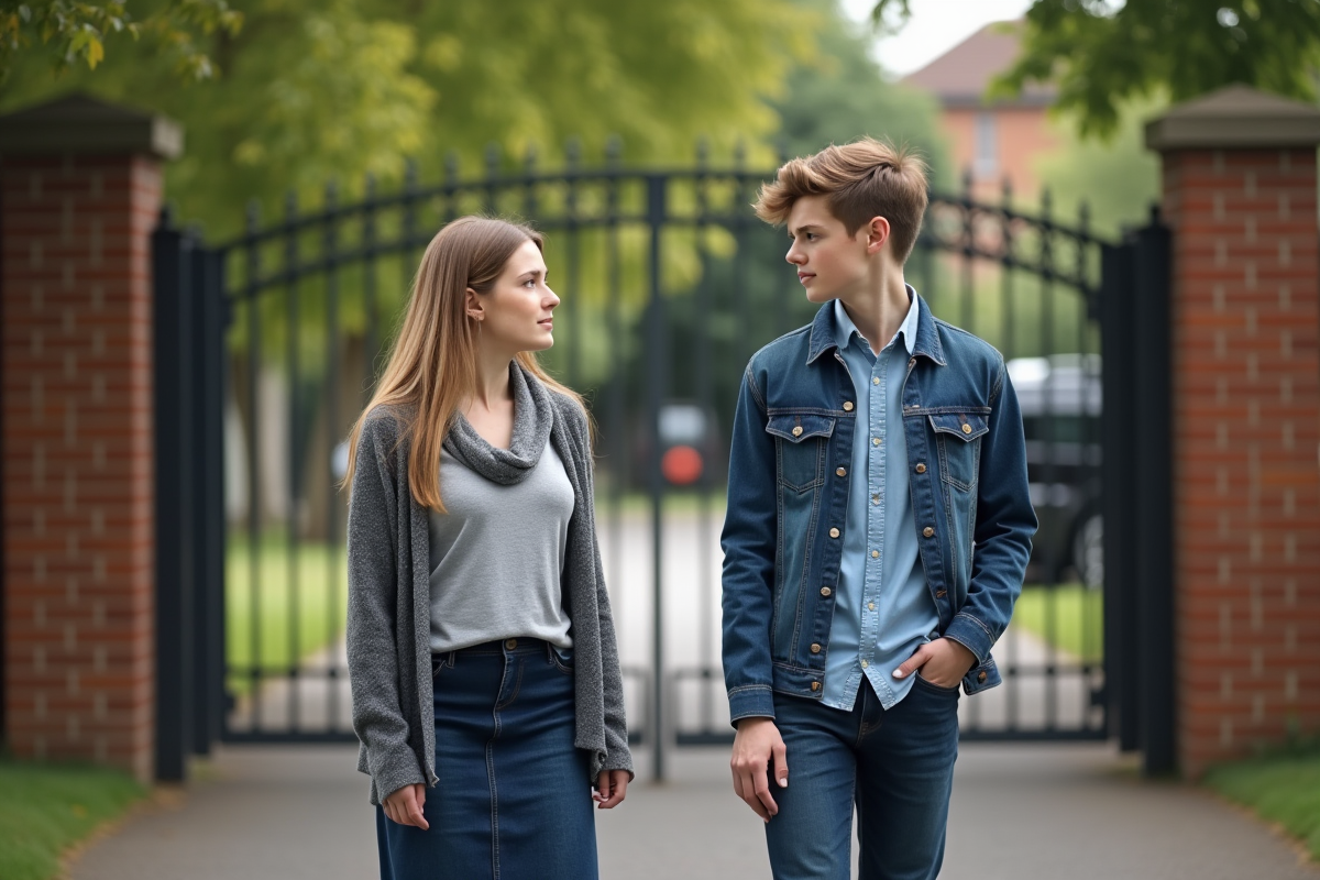 Femme et adolescent discutant devant une école