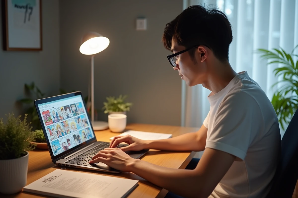 Homme lisant des mangas en ligne légalement sur un ordinateur portable dans un bureau à domicile