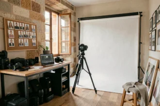 Vue grand angle d'un studio photo professionnel à Toulouse avec matériel photographique, planches d'humeur et tirages encadrés