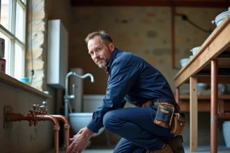 Plombier professionnel dans un atelier du Jura entouré d'outils et de tuyaux en cuivre
