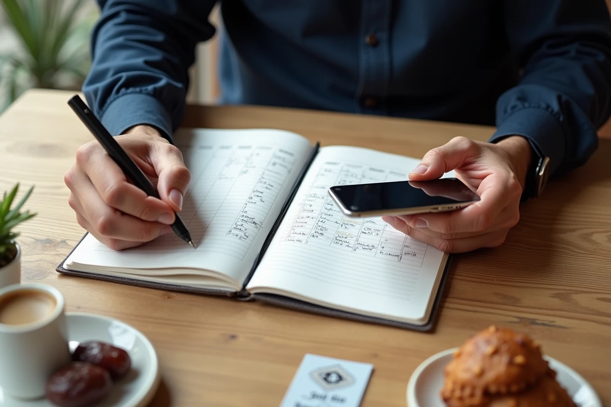Mains notant les horaires de prière de Nîmes dans un agenda papier à côté d'un smartphone