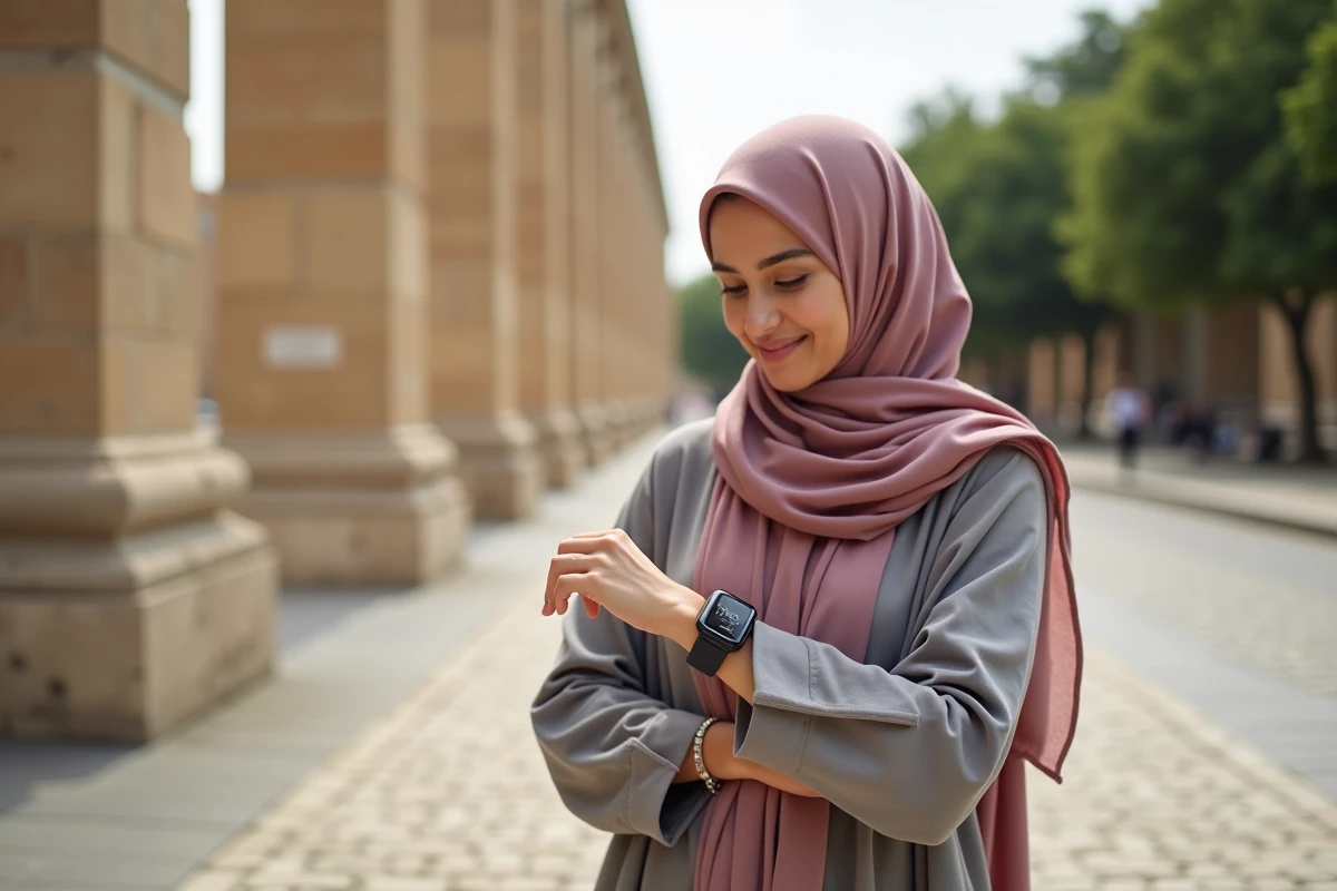 Femme musulmane recevant une notification d'heure de prière sur montre connectée devant la Maison Carrée de Nîmes