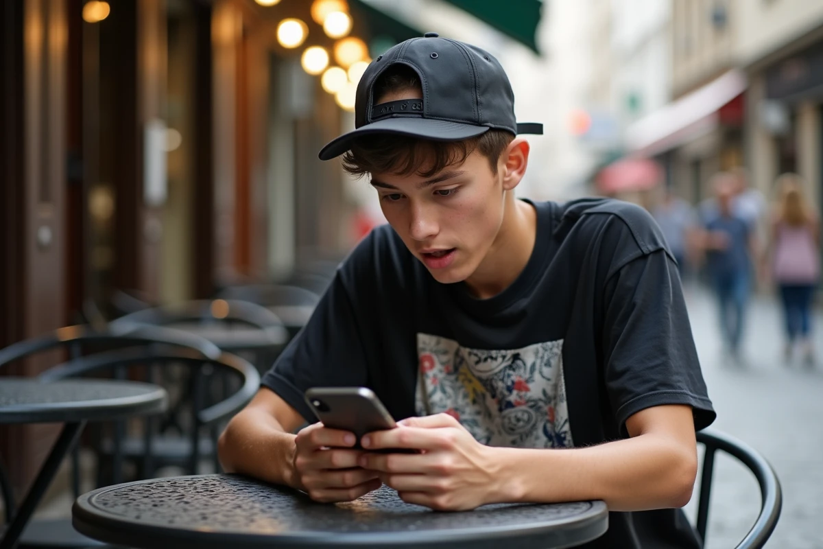 Adolescent lisant le scan One Piece 1149 sur smartphone en terrasse de café
