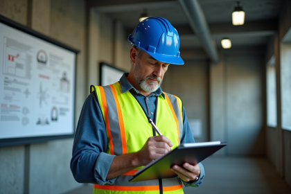 Ouvrier de construction en formation avec casque et gilet réfléchissant