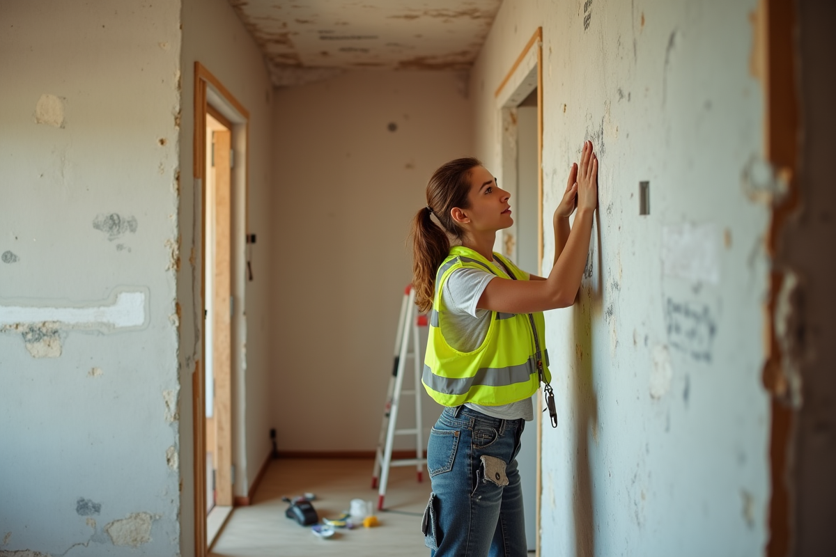 Jeune femme appliquant de l isolation dans un intérieur en rénovation
