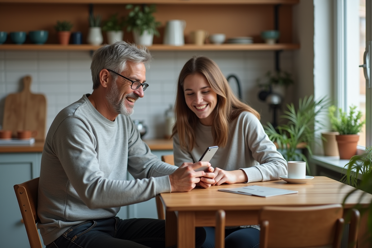 Père et fille utilisant une application bancaire sur un smartphone à la maison