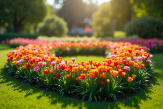 Parterre de fleurs en forme de U dans un jardin ensoleille