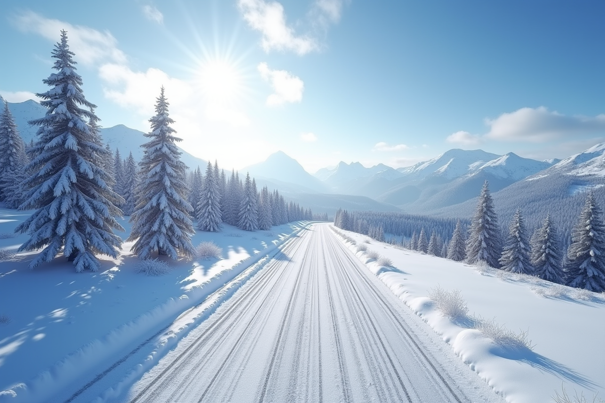 Paysage de montagne enneigée au Bessat avec arbres et route