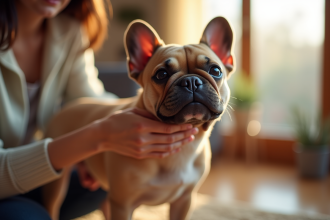 Petit bouledogue français brossé dans un salon lumineux