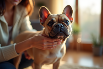 Petit bouledogue français brossé dans un salon lumineux