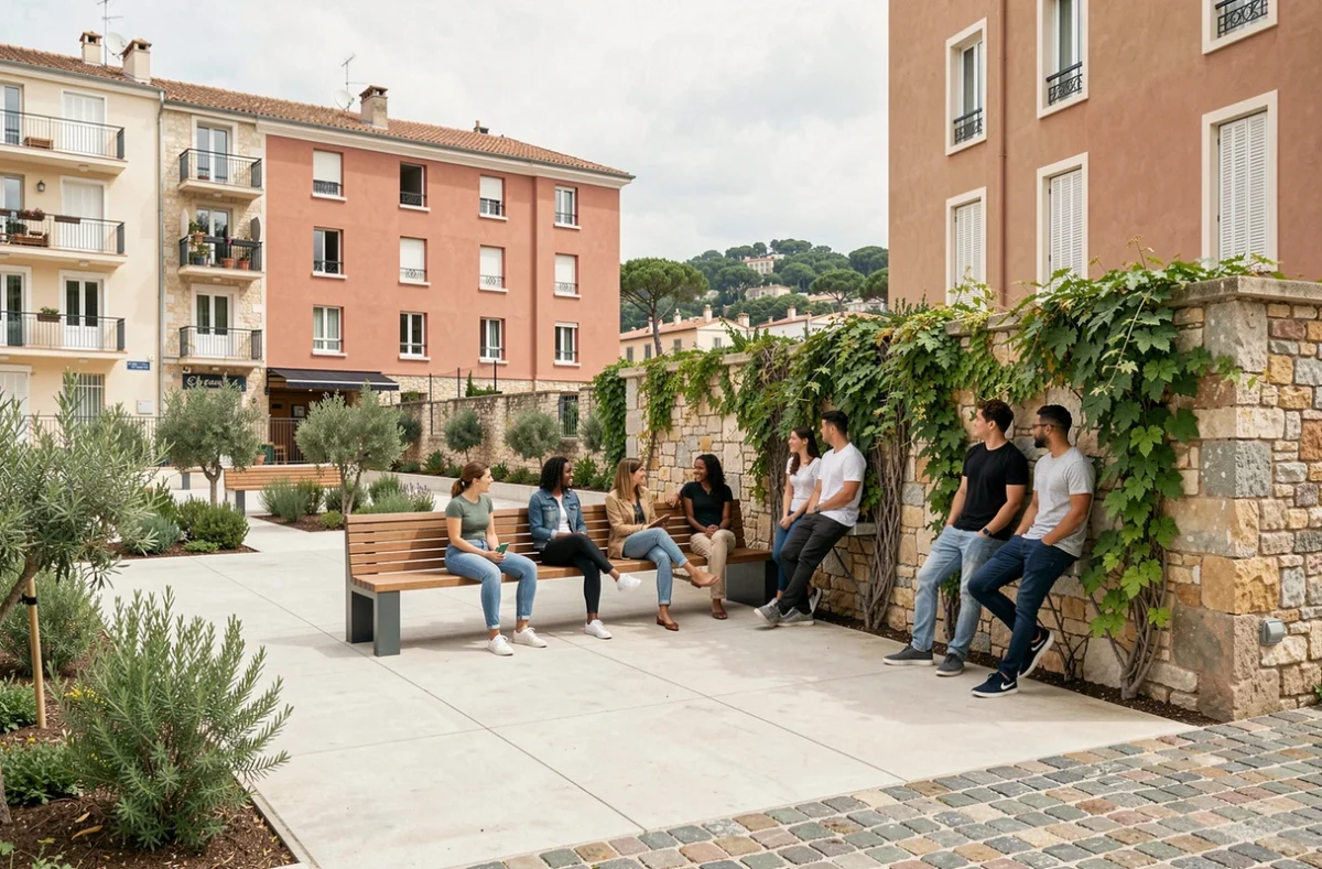 Place publique rénovée dans le quartier nord de Marseille avec des jeunes habitants profitant des nouveaux aménagements urbains