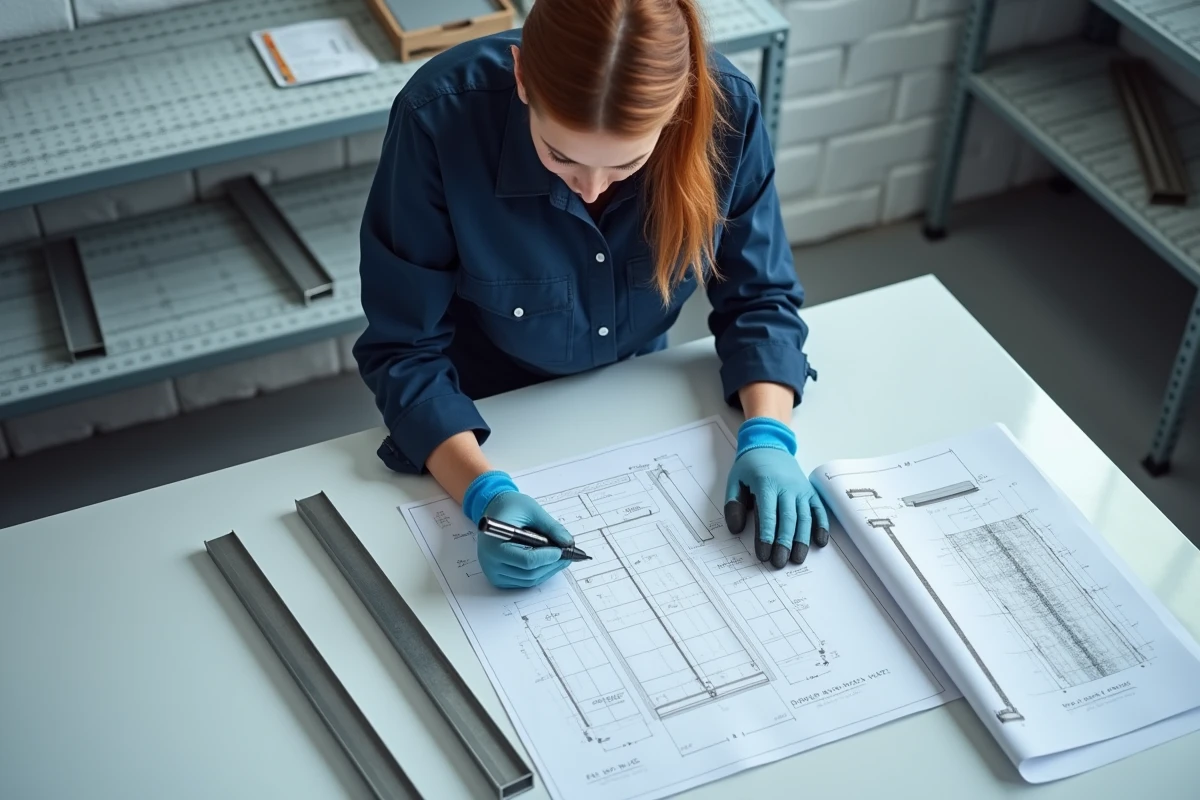 Femme technicienne consultant un plan de cotes manuscrit posé à plat avec des barreaux aluminium découpés sur une table d'atelier