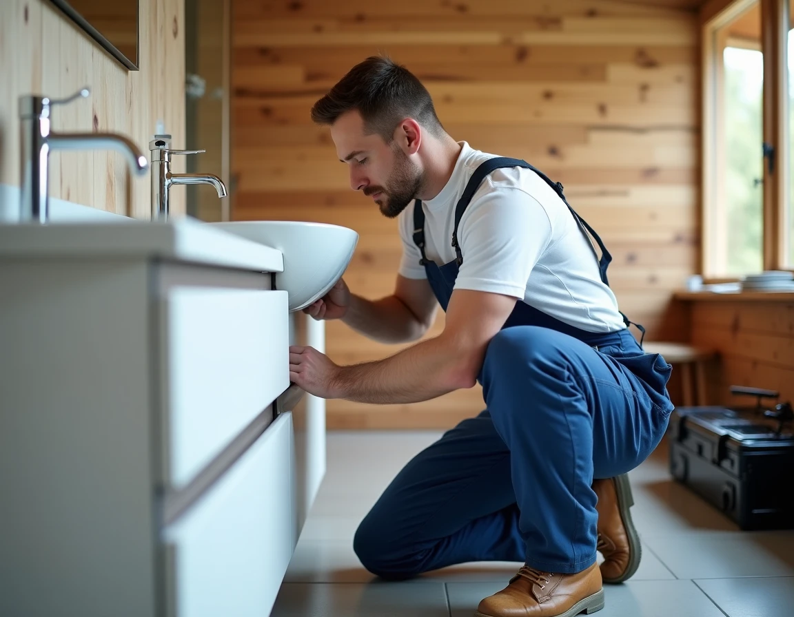 Plombier sanitaire travaillant sur un lavabo dans une maison près de Bois-d'Amont dans le Jura