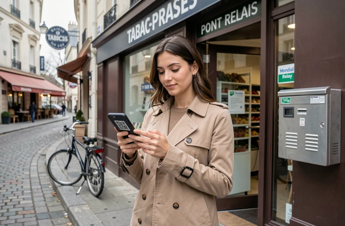 Jeune femme avec un QR code devant un point relais Mondial Relay en ville