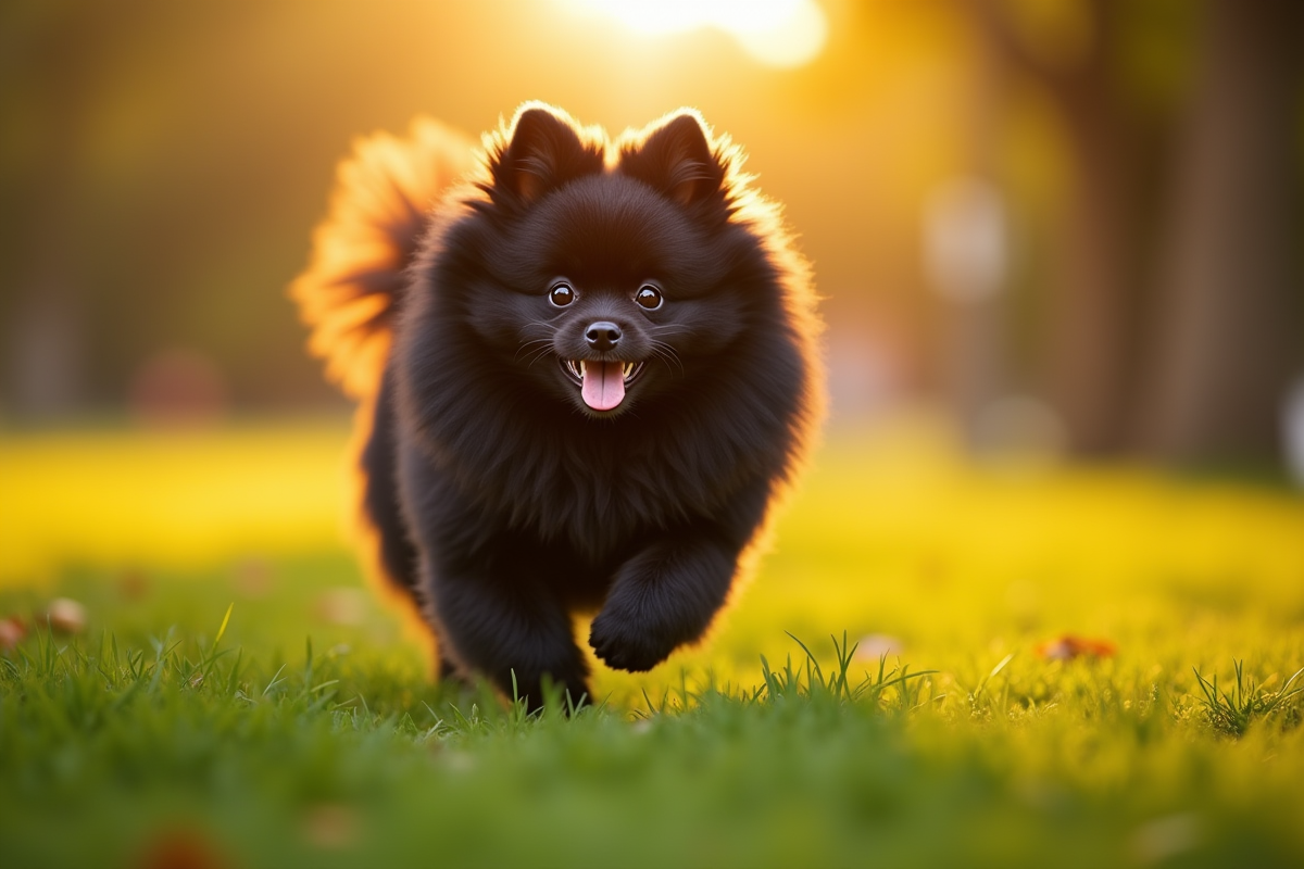 Pomeranian noir courant dans un parc ensoleille