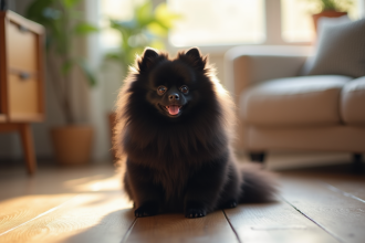 Chien pomeranian noir assis dans un salon lumineux