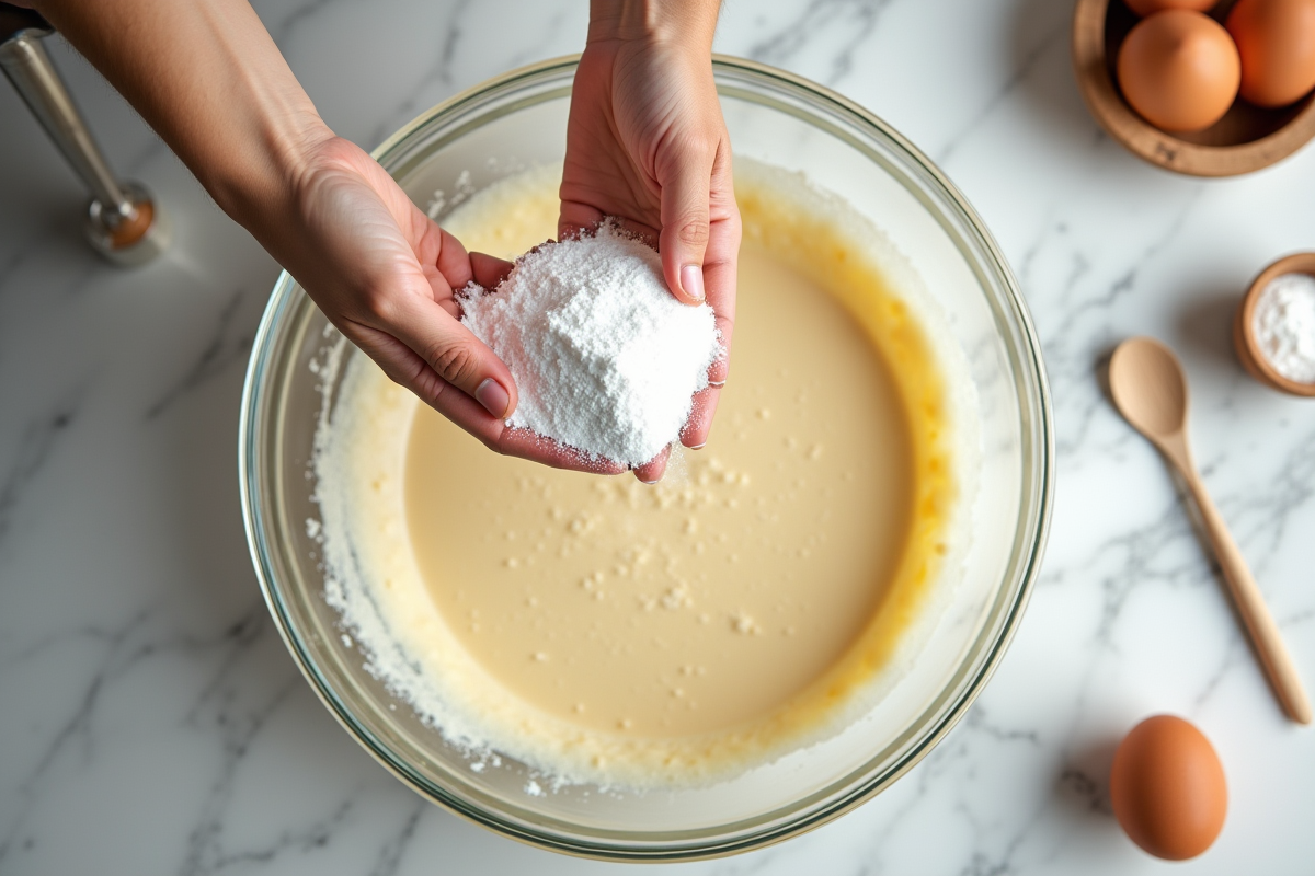 Mains ajoutant de la levure dans la pâte à gâteau crue sur un plan de travail