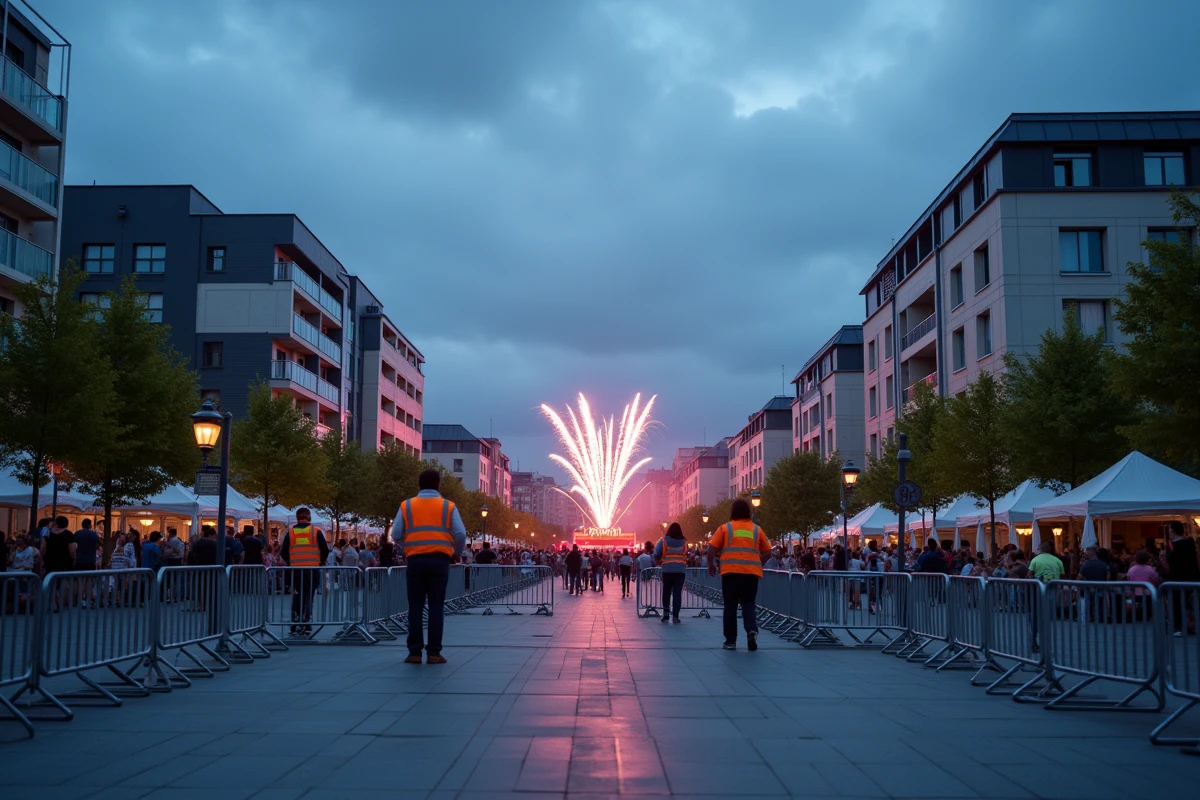Préparatifs du feu d'artifice du 14 juillet 2026 sur l'esplanade de Villeneuve d'Ascq avec barrières et agents municipaux
