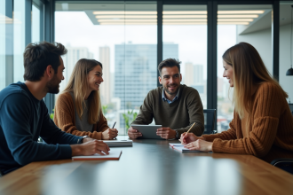 Quatre professionnels en réunion dans un bureau moderne