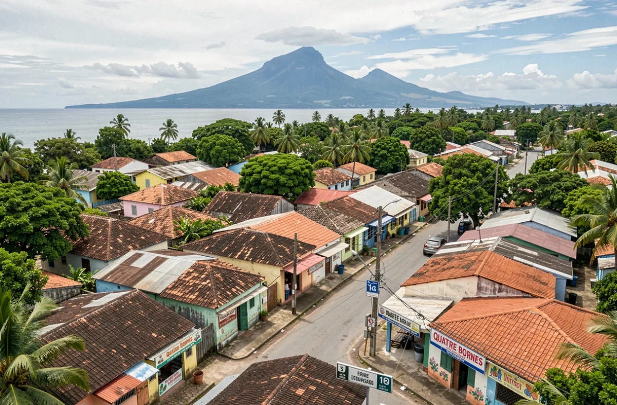 Vue aérienne d'un quartier résidentiel de Quatre Bornes à l'île Maurice montrant les rues et districts avec la montagne en arrière-plan