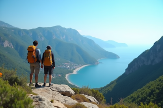 Deux randonneurs sur un point de vue avec vue sur la mer et les montagnes